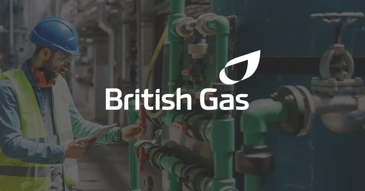 A photo of a man wearing personal protective equipment and inspecting pipes with a white British Gas logo in the middle