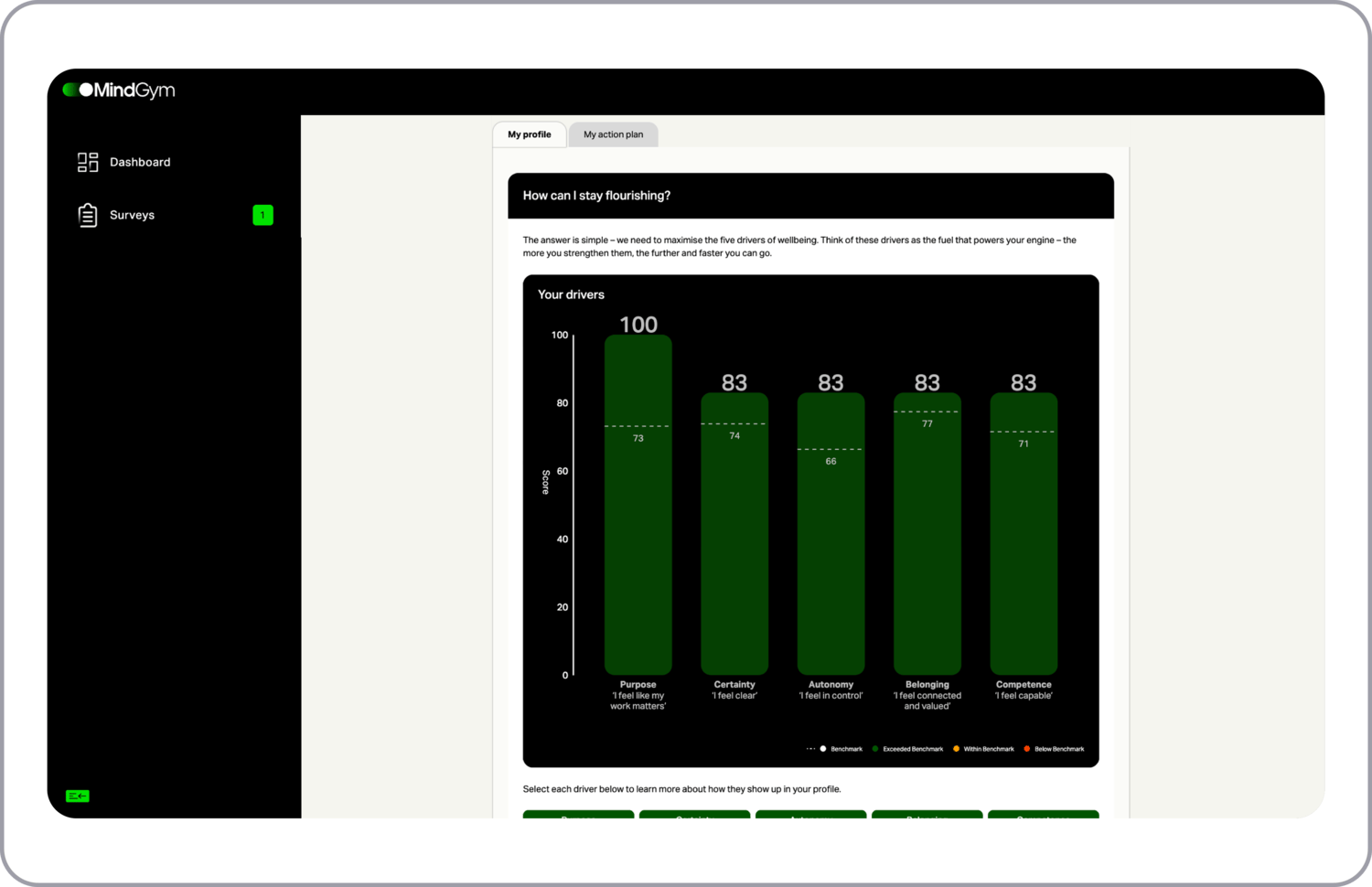 A screenshot taken from the user interface of MindGym's Diagnostics showing a user's profile with a chart of drivers that inform and impact their results