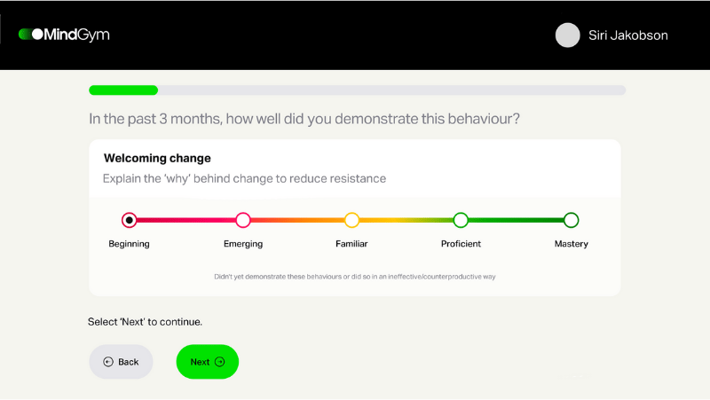 A screenshot showing the user interface of MindGym's organisational diagnostic