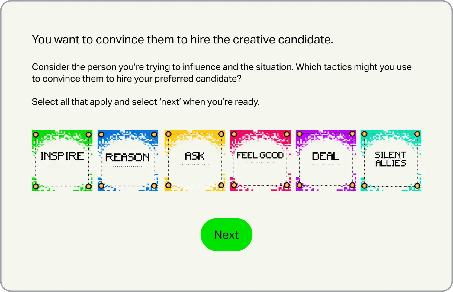 A screenshot taken from the user interface of an eWorkout showing an exercise where the user chooses tactics to use to convince someone to hire their preferred job candidate