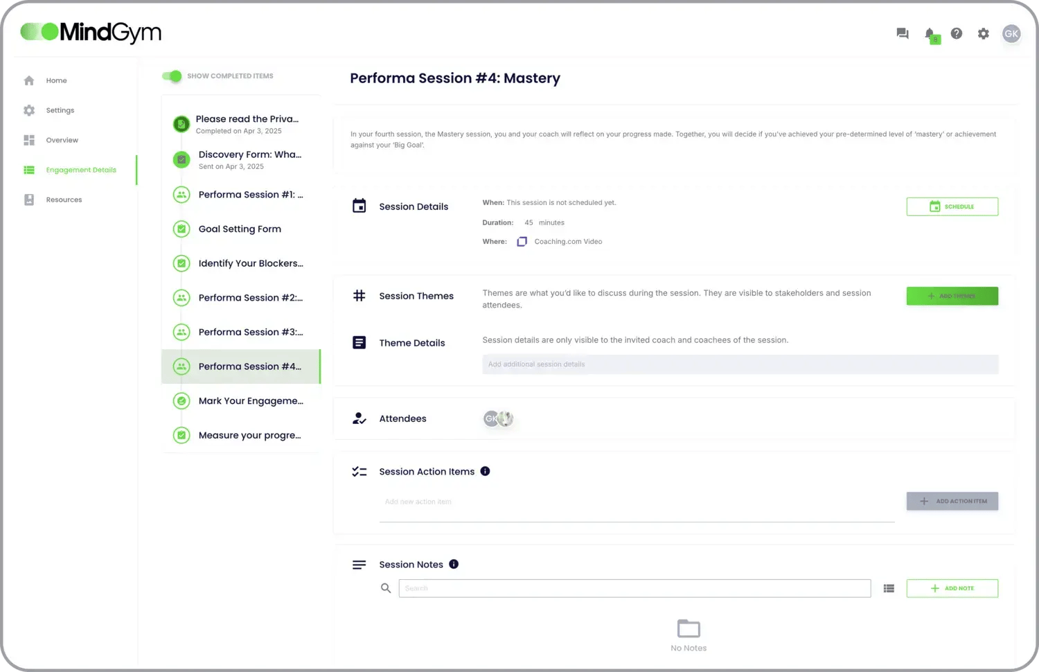 A screenshot of a user interface of the Performa coaching platform showing details related to session number one
